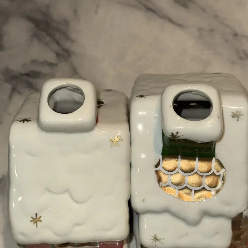 2 Vtg Christmas Tea Light‎ Candle Holder Houses Ski Chalet Cabin Smoking Chimney